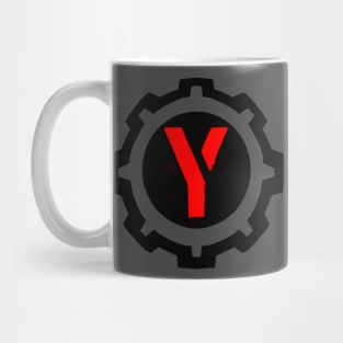 Red Letter Y in a Black Industrial Cog Mug